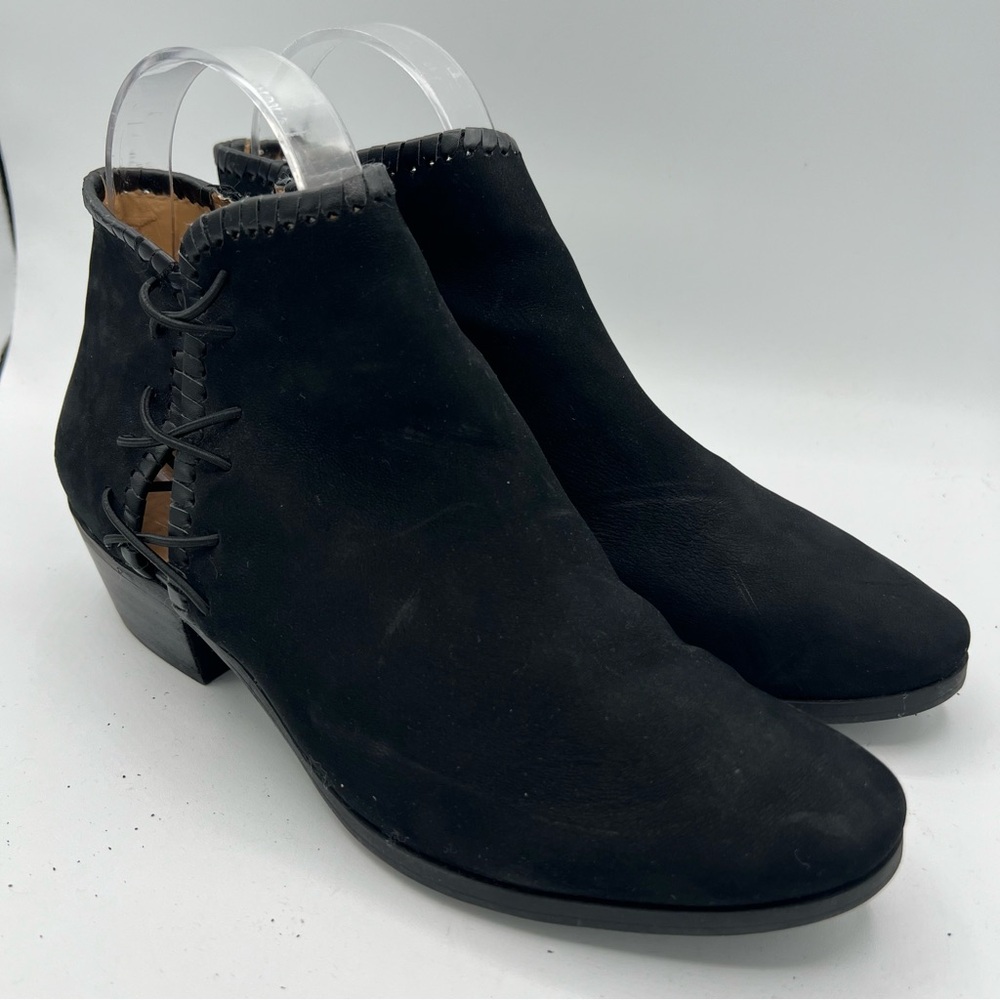 Jack Rogers Black Nubuck Ankle Bootie Reagan Sz‎ 7.5 Open Stitch Detail Side Zip